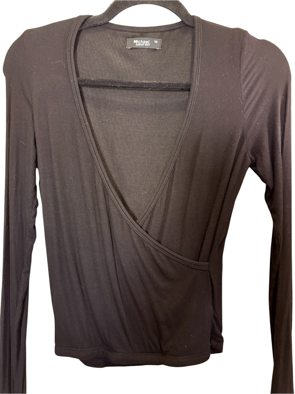 Michael Lauren Women’s Black Ribbed Minimalist Faux Wrap Long Sleeve Sweater XS